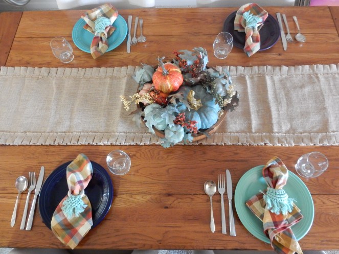 Burlap table runner, fall plaid napkins, fiestware plates, vintage soup spoons, crochet napkin rings, Sarah In Style, SarahInStyle.com, Sarah Meyer, Dining Decor, Fall tablescapes, November tablescapes, fall tablescape, decorating for fall, incorporating family traditions, cute table decor, plaid napkins, crochet napkin rings, table decorating ideas, autumn decor, mix and match tablescape, ombre tablescape, Fiestaware, holiday entertaining, fall entertaining, design blog tips