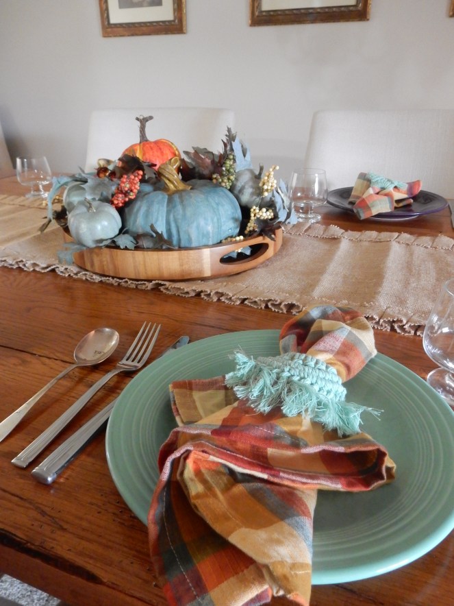 Sarah In Style, SarahInStyle.com, Sarah Meyer, Dining Decor, Fall tablescapes, November tablescapes, fall tablescape, decorating for fall, incorporating family traditions, cute table decor, plaid napkins, crochet napkin rings, table decorating ideas, autumn decor, mix and match tablescape, ombre tablescape, Fiestaware, holiday entertaining, fall entertaining, design blog tips