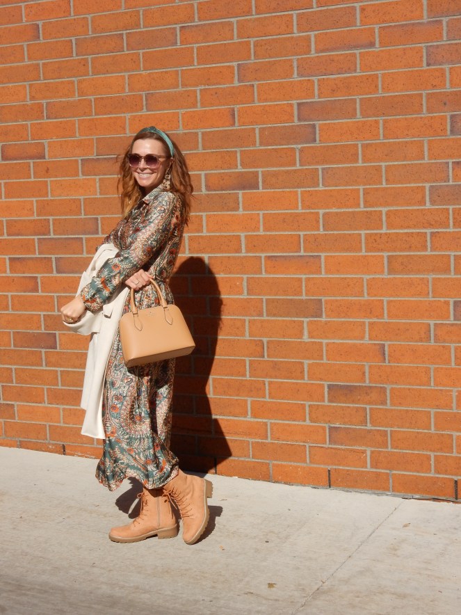 Sarah In Style, SarahInStyle.com, Sarah Meyer, Fashion Blogger Chicago, Chicago Fashion Blogger, Blogger Styling Tips, How to wear boots, Styling Boots for fall, Tan Boots, Boots with Dresses, Target Boots, Kate Spade tan purse, Green velvet headband, Lobe Love earrings, best statement earrings, Sunglass Warehouse, Best cheap sunglasses, Fall 2021 Fashion, Winter 2021 Fashion, Blogger Fashion Inspiration, Q2 Dress, Jewel Toned Dress, Zara Jackets