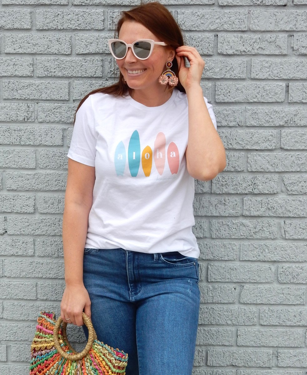 jeans and t, jeans and t-shirt, jeans and white tee, aloha t-shirt, aloha t, aloha tee, pink sunglasses, rainbow earrings, Hawaiian souvenirs, Aloha Fashion, Hawaii Fashion, Fall Fashion Staples, accessorizing tips
