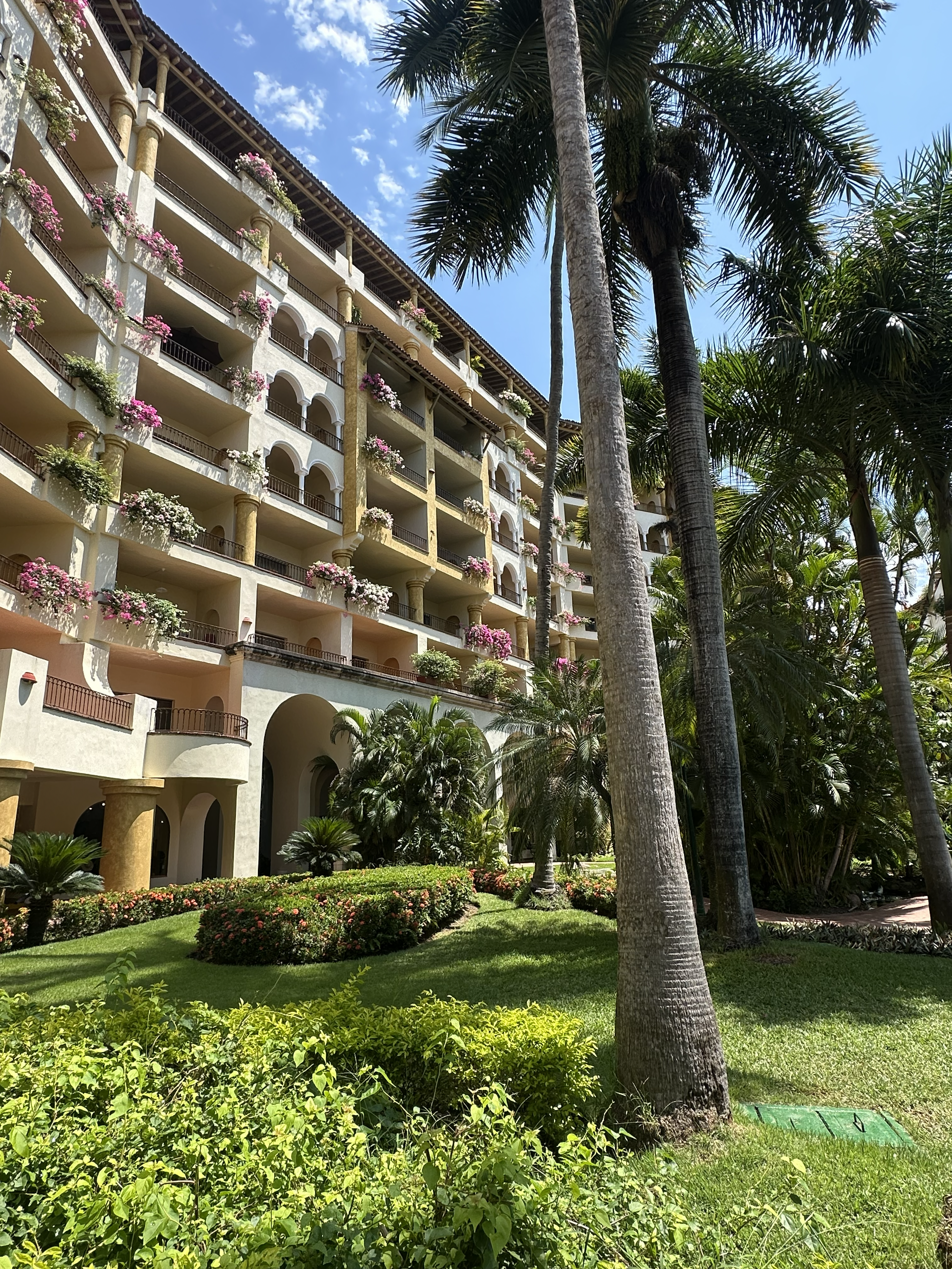 Lush tropical gardens and bougainvillea-lined balconies at Velas Vallarta in Puerto Vallarta, Mexico
