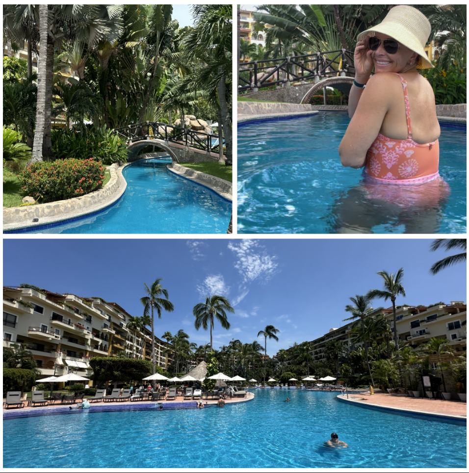 Pools and rivers and Velas Vallarta hotel set amist lush landscaping