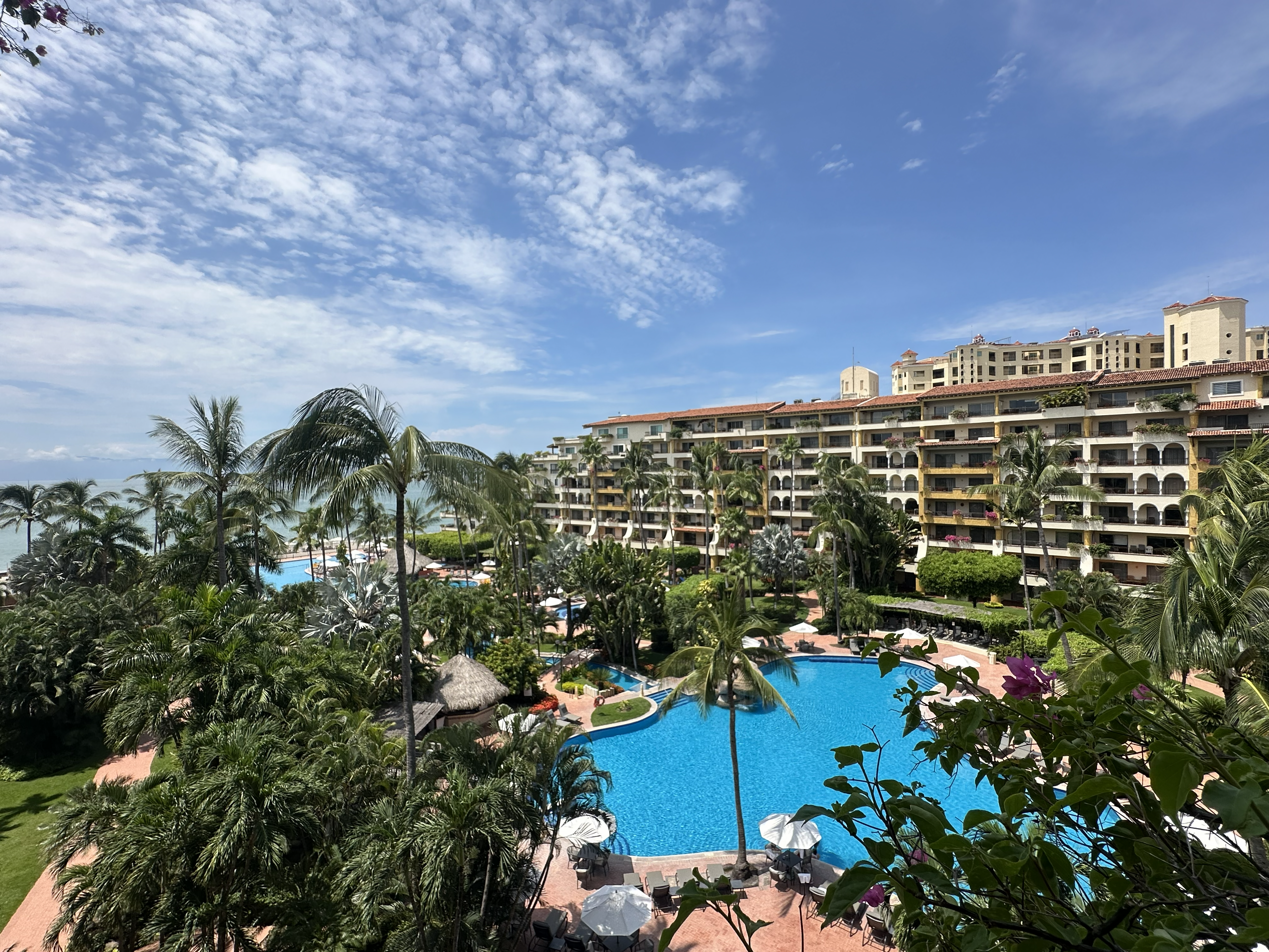 Lush tropical gardens and bougainvillea-lined balconies at Velas Vallarta in Puerto Vallarta, Mexico
